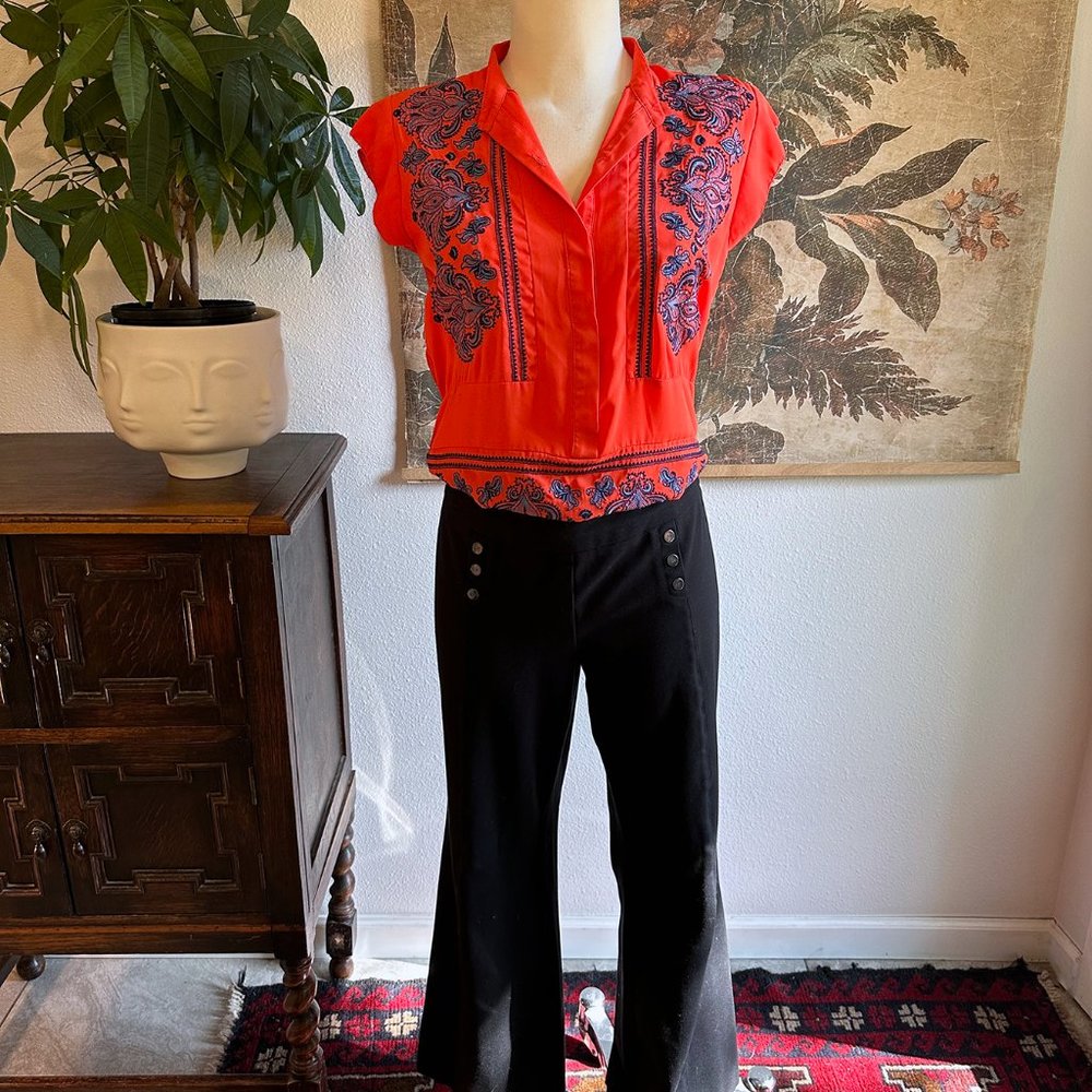 Orange Embroidered Short Sleeve Top, Size S